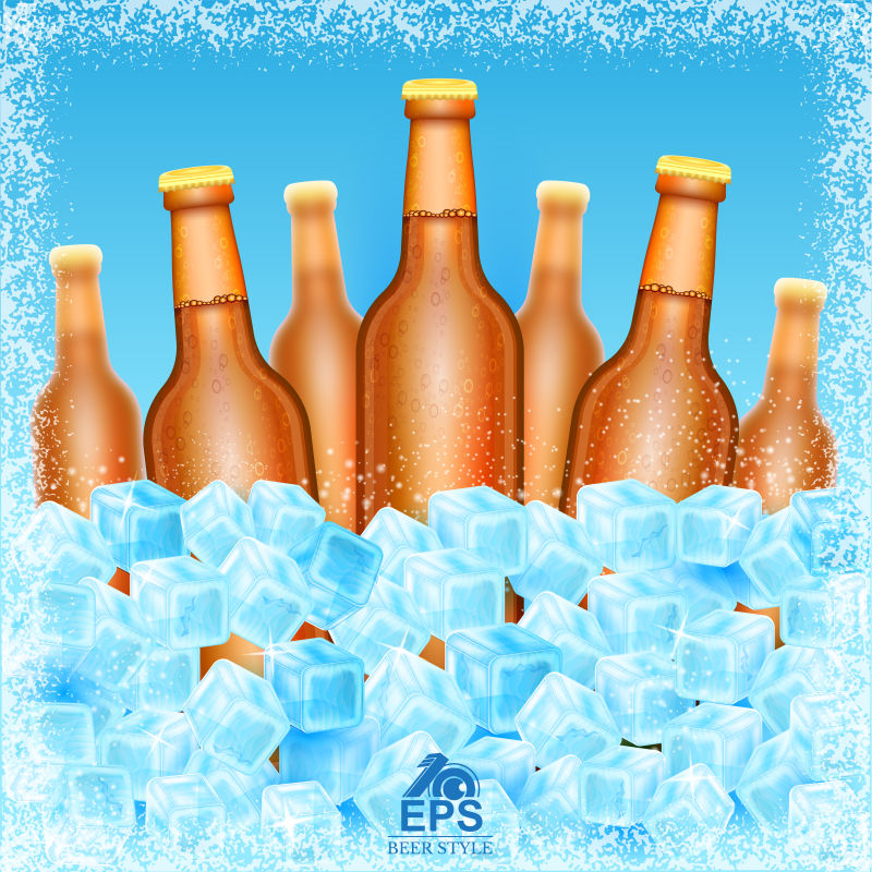 矢量冰块里的褐色啤酒瓶