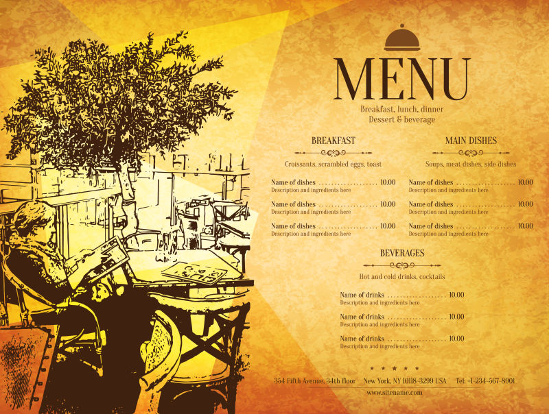 抽象矢量风景装饰的餐厅菜单设计