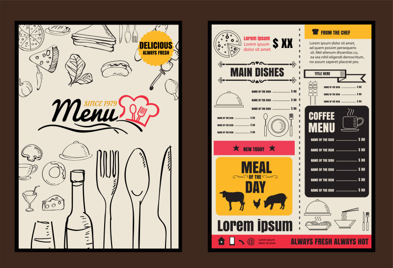 创意矢量手绘餐厅元素的菜单设计