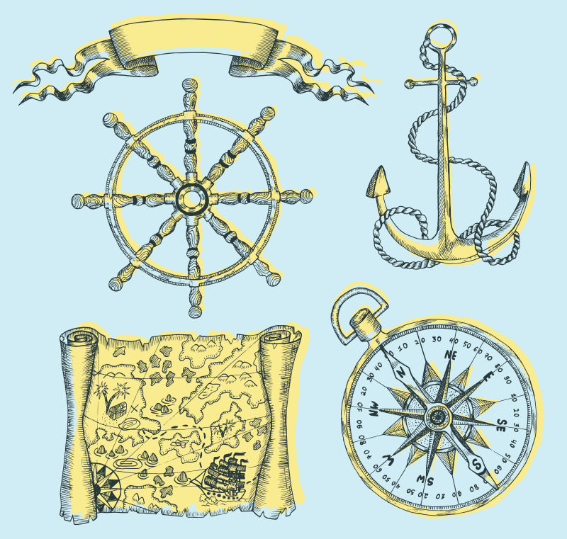 矢量抽象海上冒险元素的手绘插图