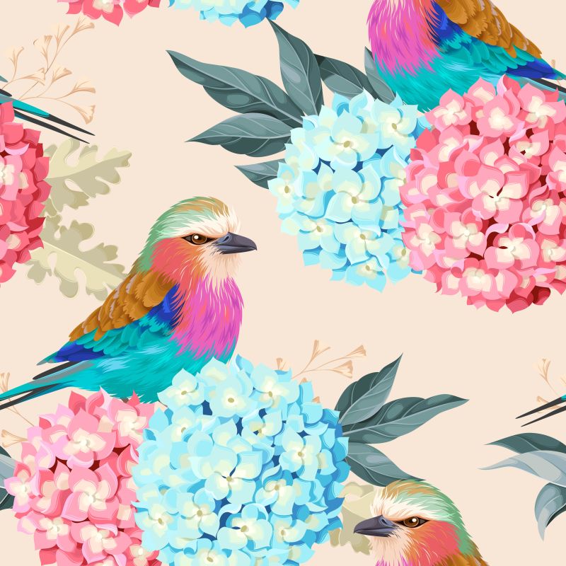 创意矢量美丽的绣球花和鸟插图