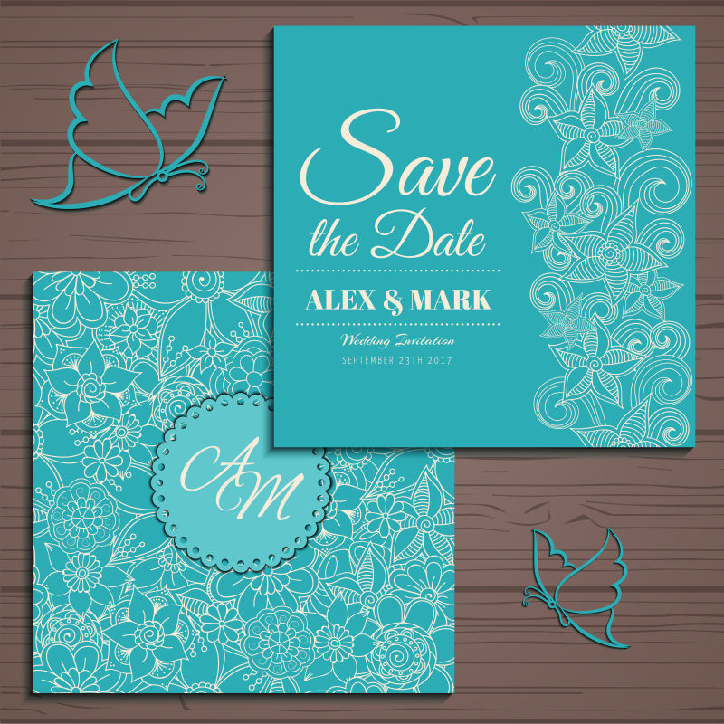 矢量蓝色线条花卉元素的现代请帖设计