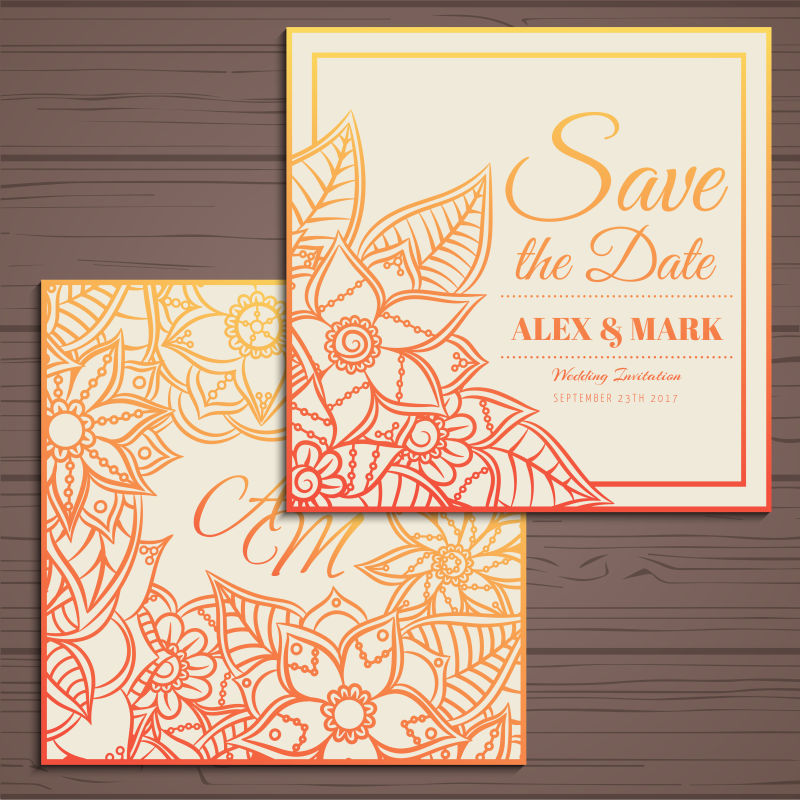 矢量橙色渐变线条花卉元素请帖设计