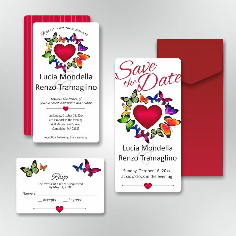 抽象矢量蝴蝶心形装饰的婚礼请帖设计