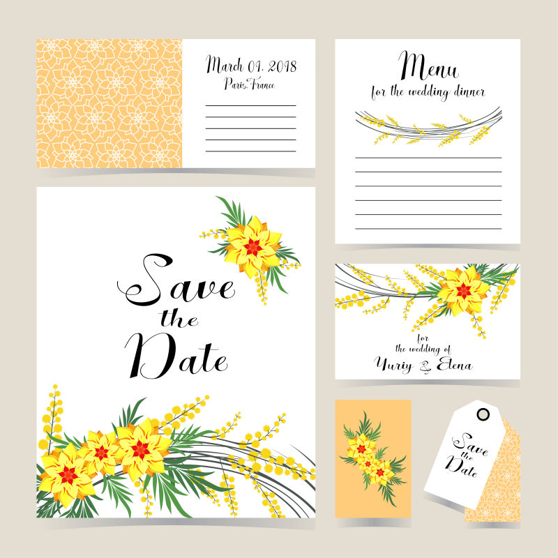 创矢量黄色花卉元素的婚礼请帖设计