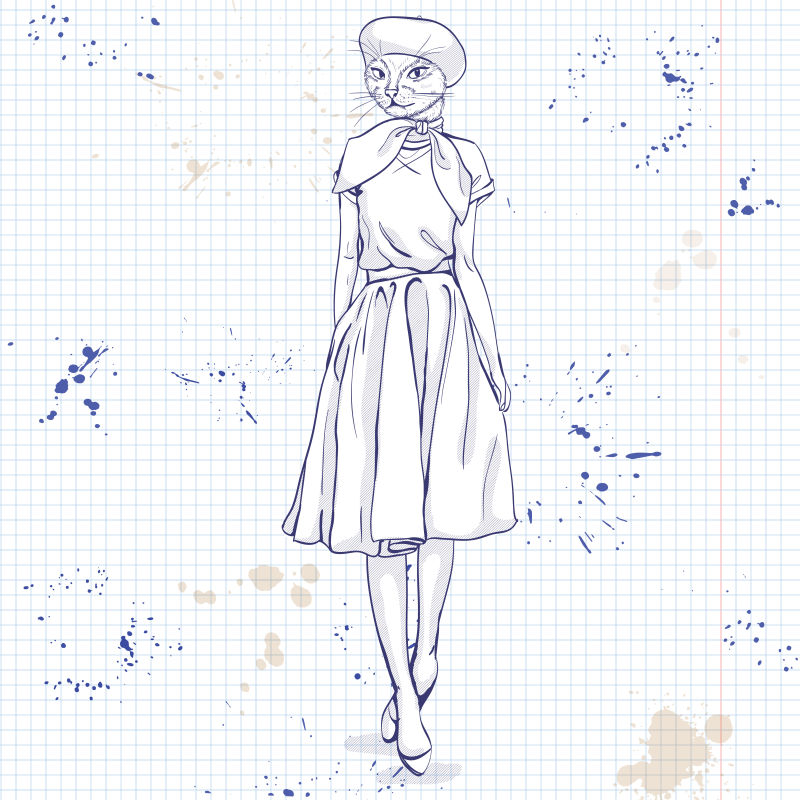 手绘猫女矢量插图