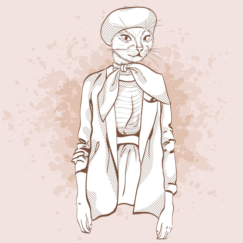 手绘优雅猫女矢量插图