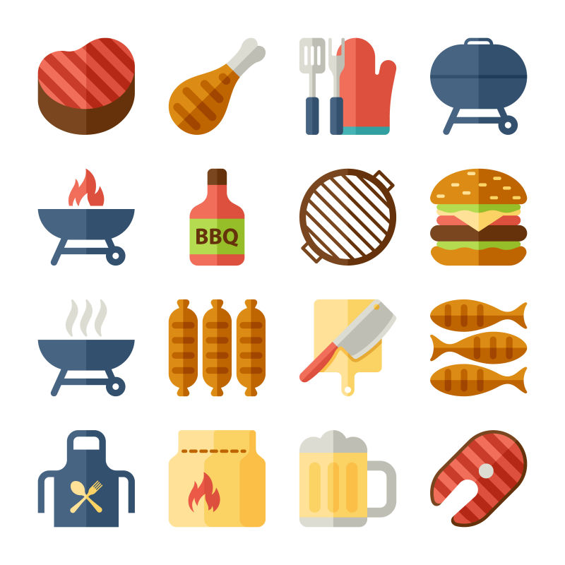 抽象矢量烧烤主题的平面图标设计