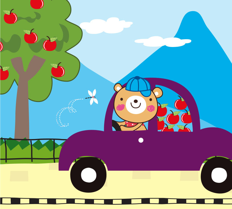 矢量开着装满苹果汽车的熊