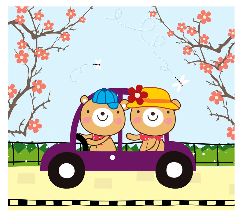 矢量汽车里戴着帽子的小熊