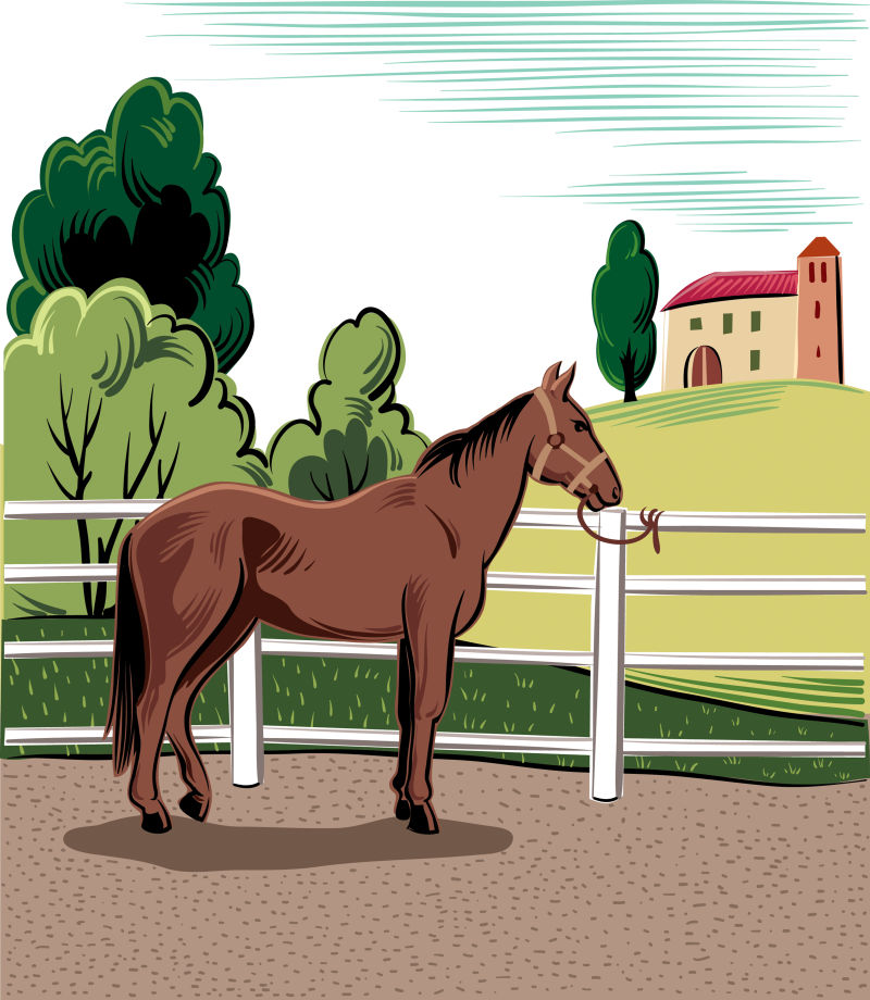 创意矢量拴在农场中的马插图