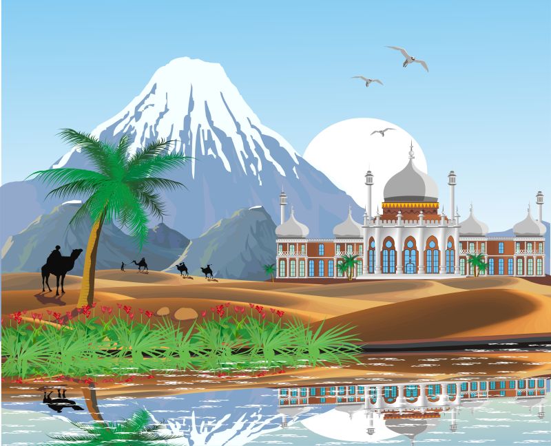 抽象矢量现代沙滩日出主题插图设计