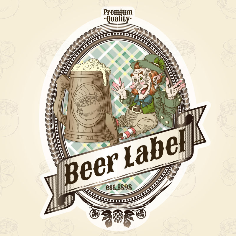 抽象矢量手绘精灵和啤酒元素的标签设计