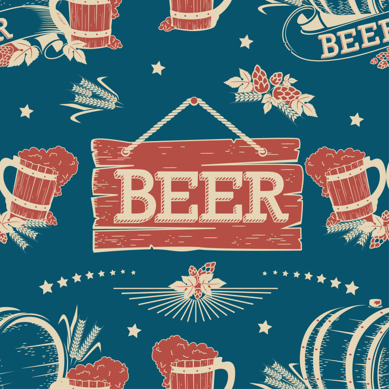 抽象矢量啤酒元素复古无缝背景