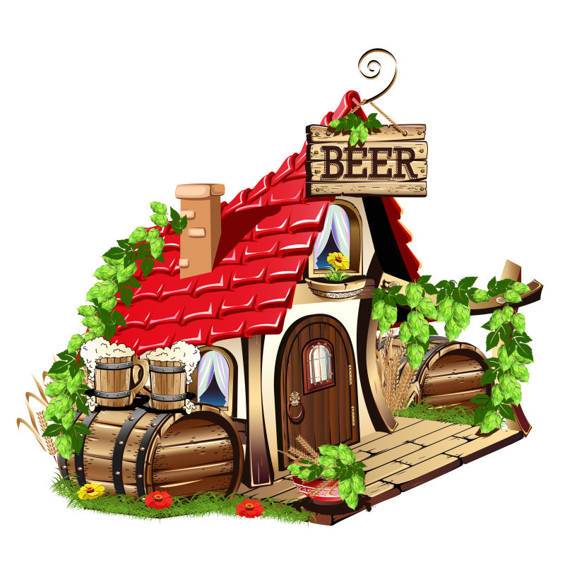 创意矢量卡通精灵啤酒屋设计插图