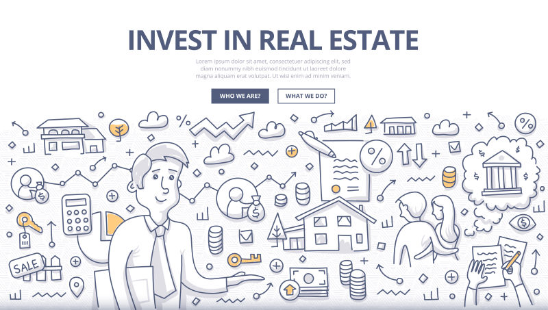 抽象矢量房地产投资主题的涂鸦设计插图
