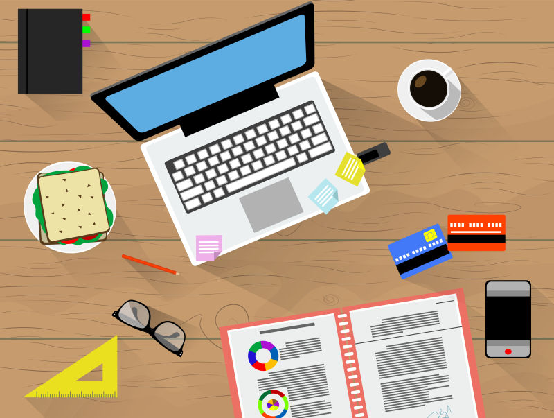 创意矢量卡通办公桌面插图