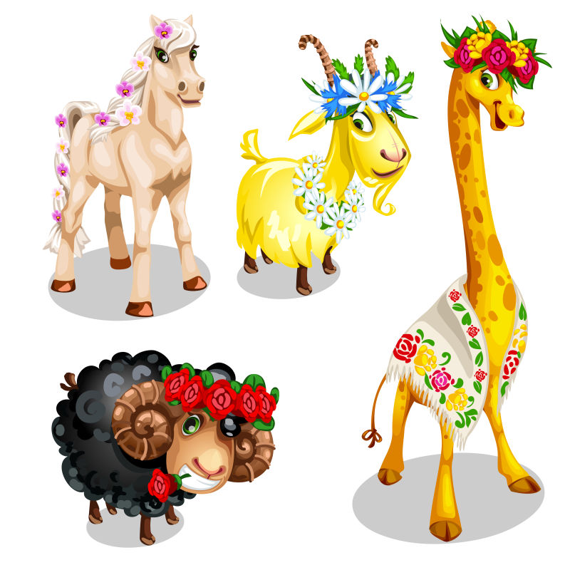 创意矢量卡通花卉装饰的动物插图