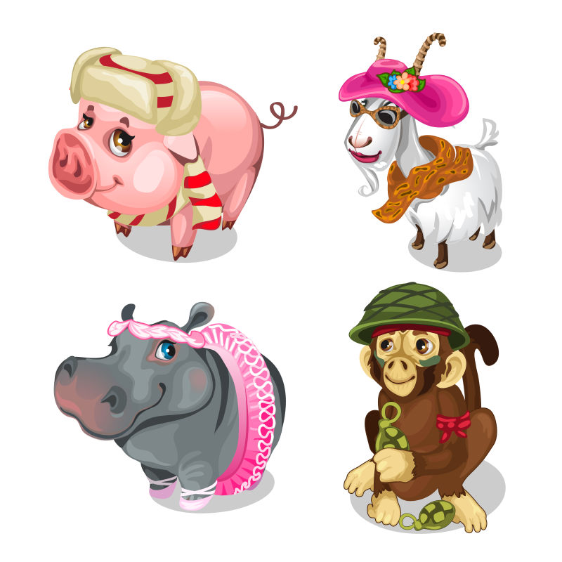 创意矢量卡通有趣穿着的动物插图