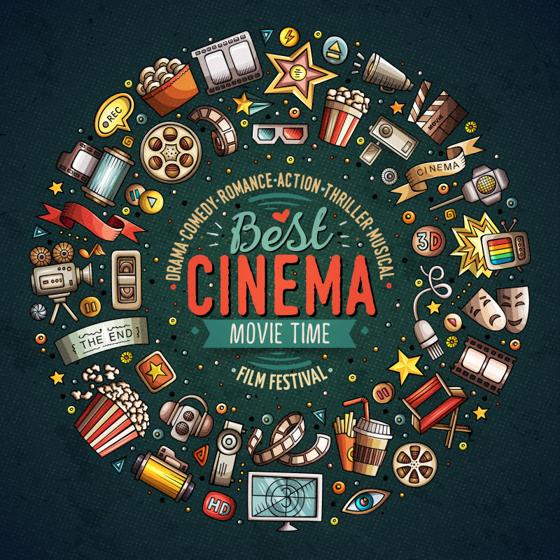 抽象影院元素的矢量涂鸦设计背景