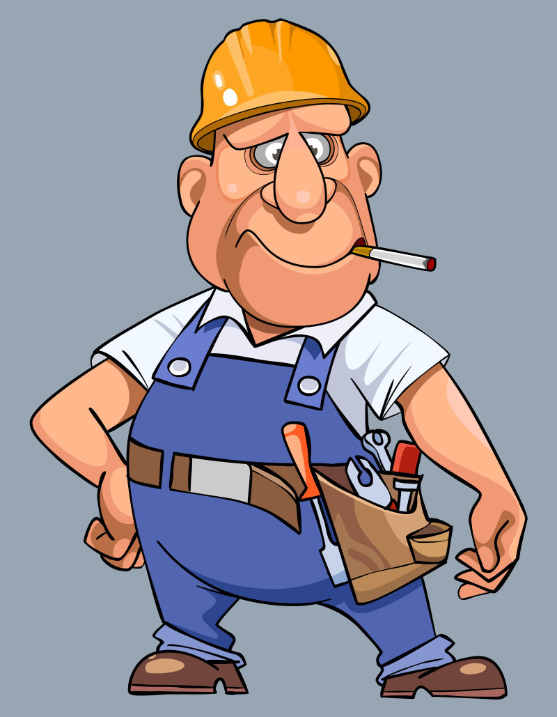 创意矢量卡通吸烟的建筑工人插图