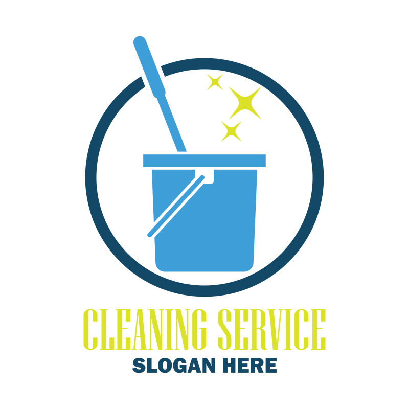 创意矢量现代拖把和水桶标志设计