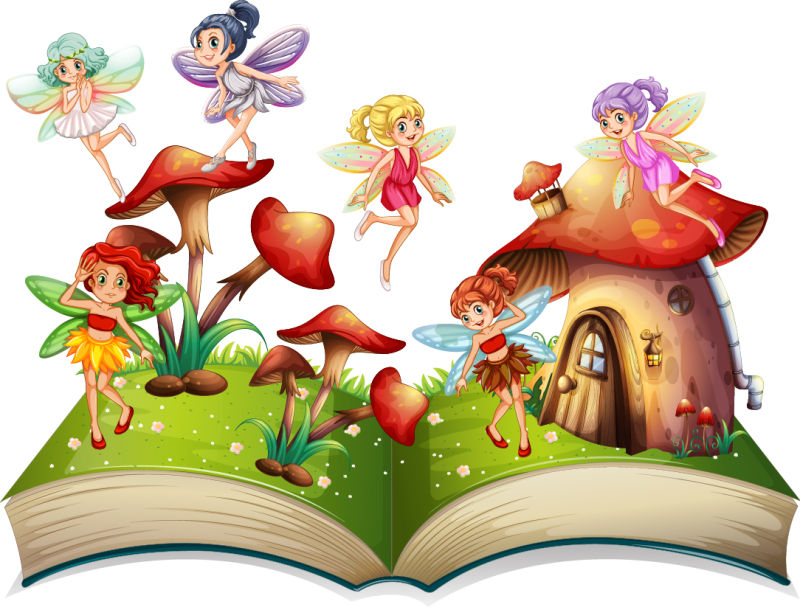 抽象矢量现代卡通精灵和蘑菇屋插图