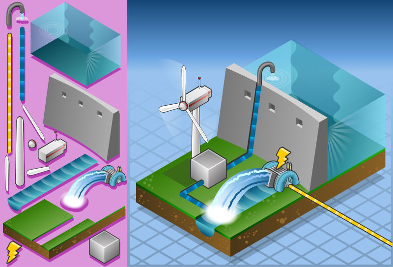 创意矢量等距风格的水力发电插图设计