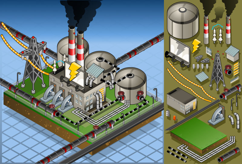创意矢量现代石油发电工厂设计插图