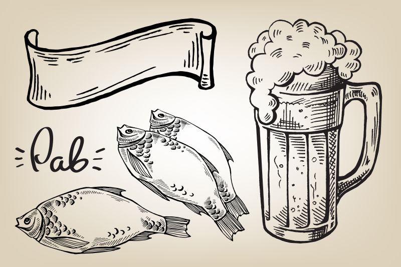 抽象矢量现代手绘啤酒设计元素插图