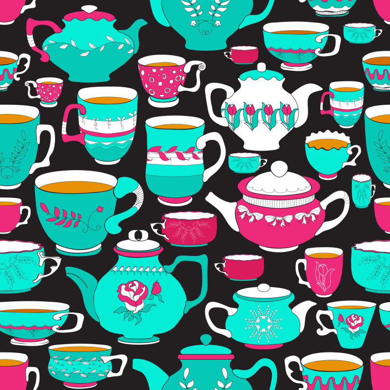 创意矢量现代彩色喝茶元素的装饰无缝背景