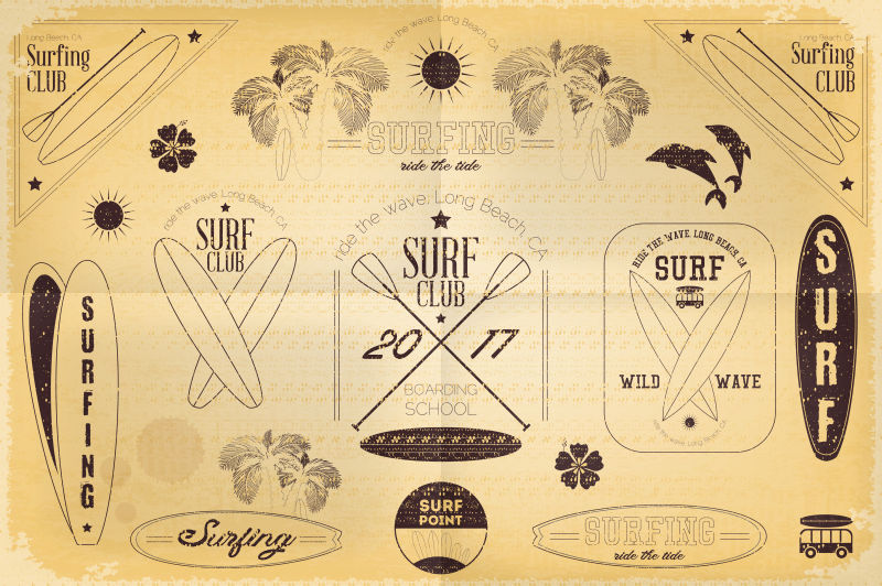 矢量的手绘冲浪海报插图