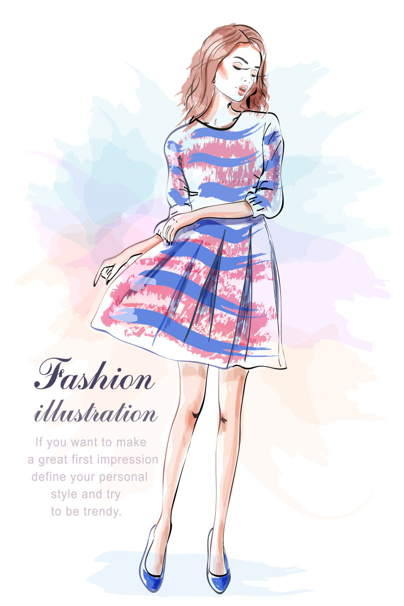 创意矢量穿时尚连衣裙的美女插图