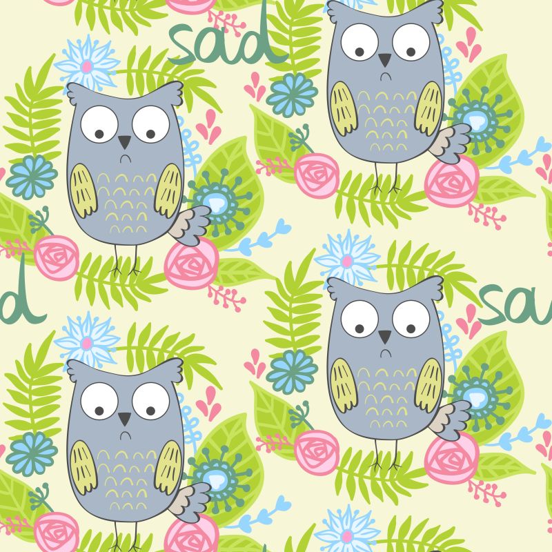 抽象矢量悲伤的猫头鹰无缝设计背景