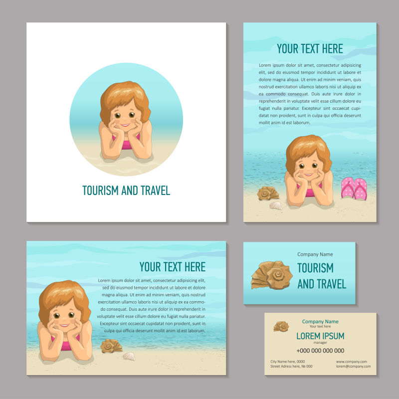 概念海滩设计旅游公司的企业风格元素集带着石板和贝壳的微笑女孩对着天空和大海小册子小册子和名片矢量插图
