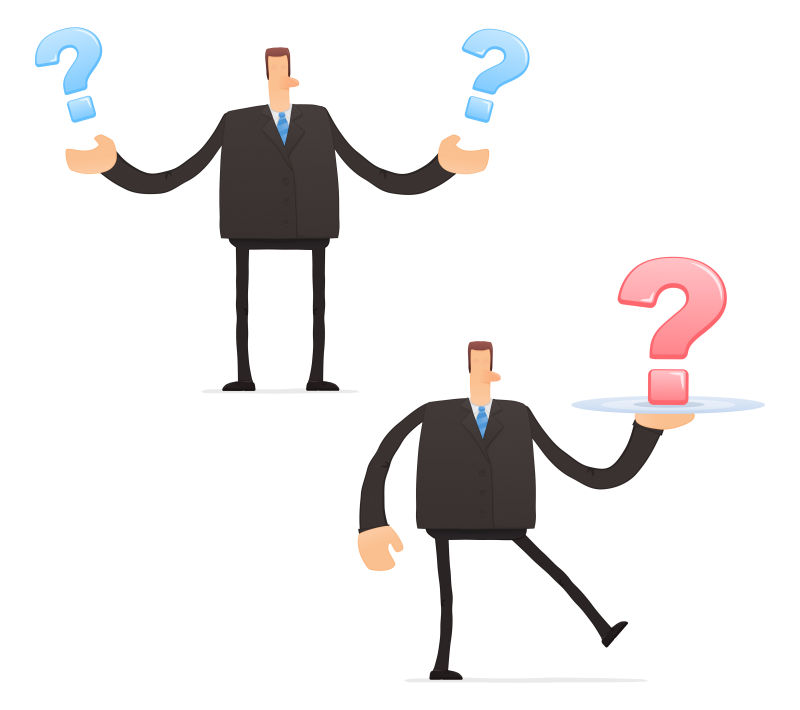 抽象矢量卡通充满问号的助手平面插图设计