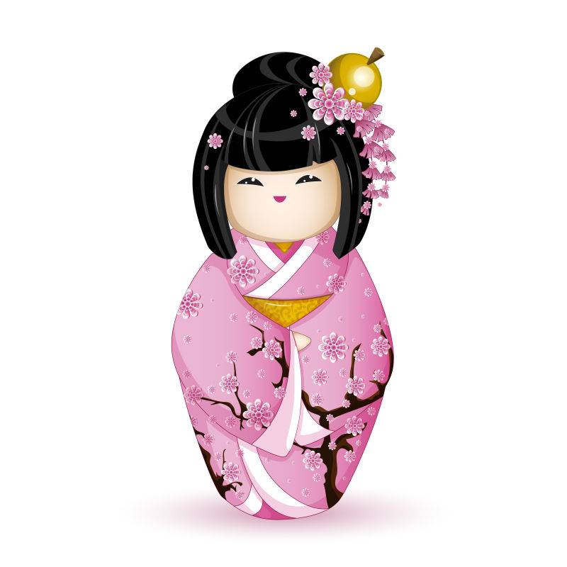 创意矢量现代穿粉色和服的日本娃娃插图