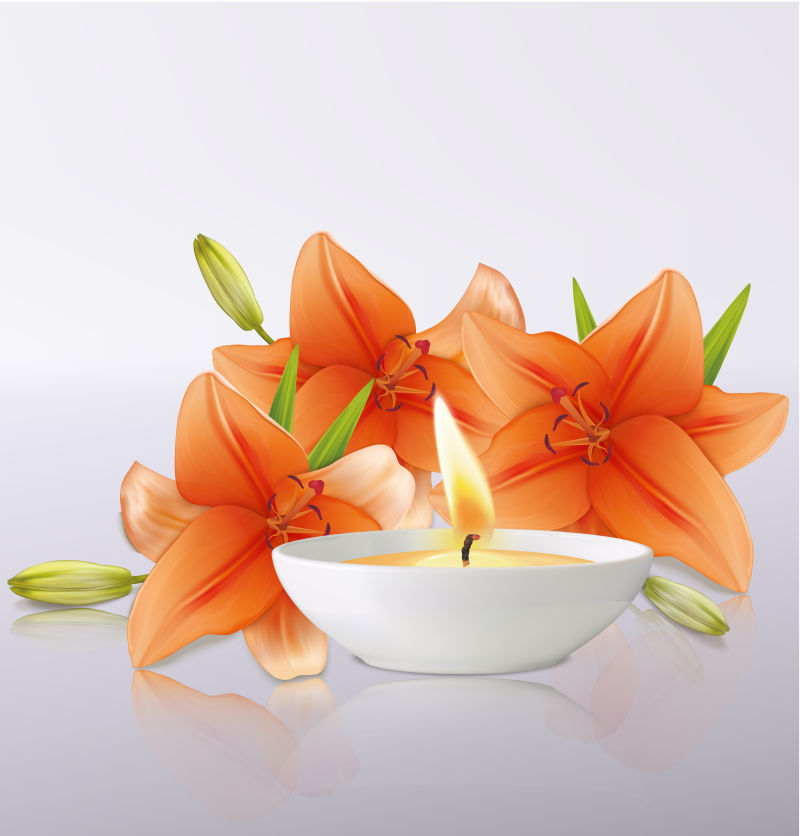 矢量橙色百合花和蜡烛插图