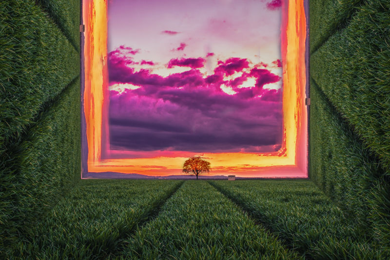 抽象四方形的户外景色水彩插图