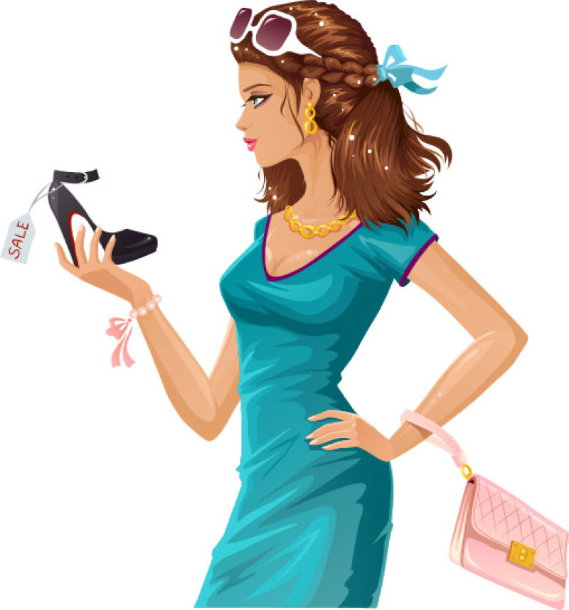 时尚的买鞋子的女孩卡通插图
