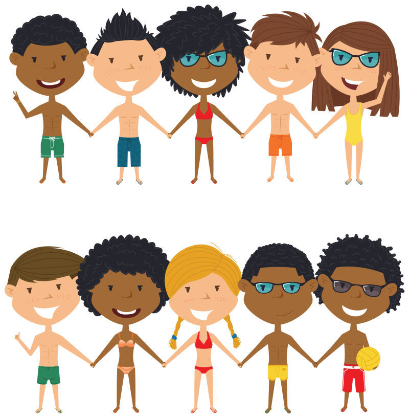 抽象矢量沙滩上的孩子卡通插图设计