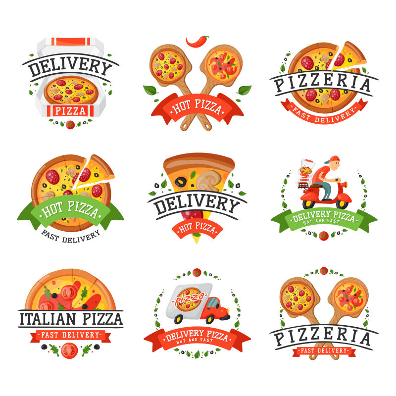 递送披萨徽章矢量插图