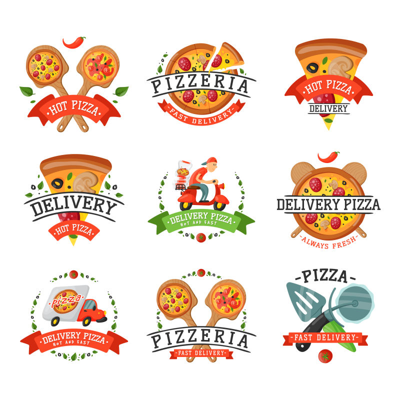 递送披萨徽章矢量插图