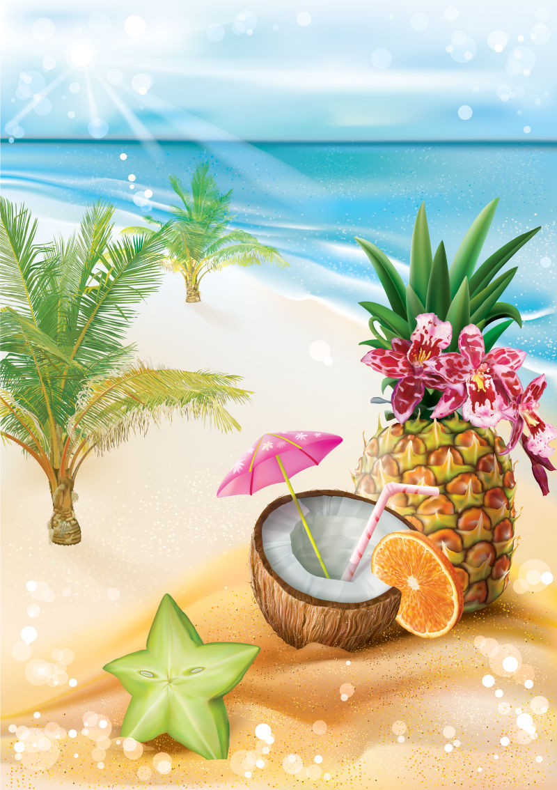 抽象矢量现代海滩上的热带水果插图