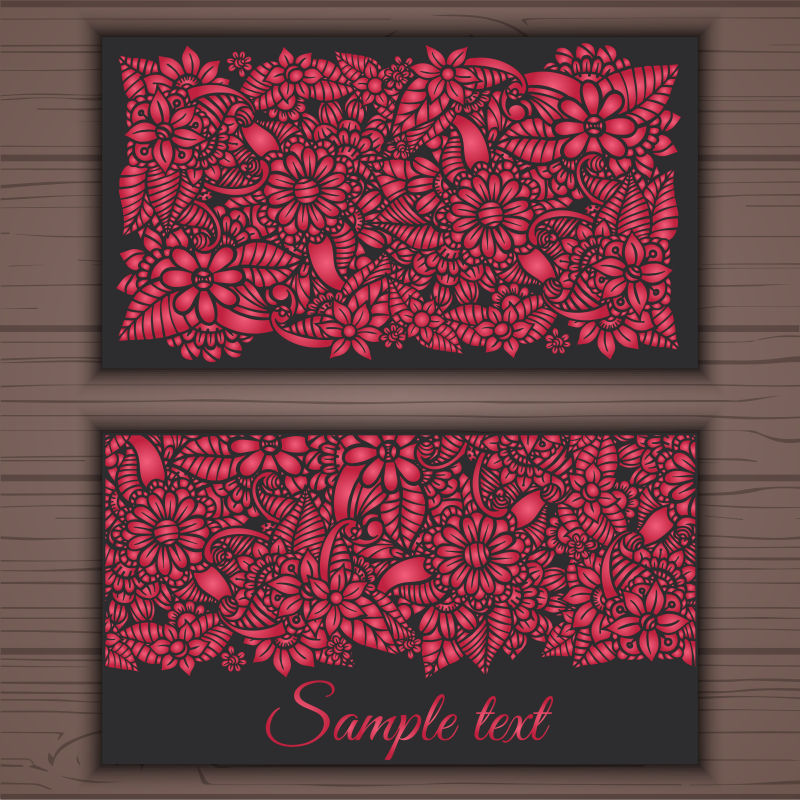 矢量红色花朵图案装饰的名片设计