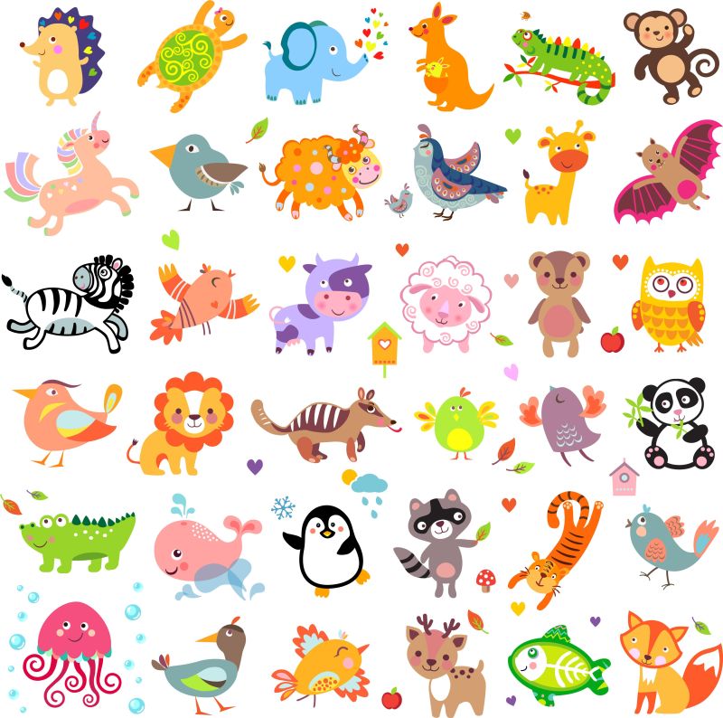 可爱的动物和鸟类插图：牦牛鹌鹑吸血蝙蝠奶牛绵羊熊猫头鹰浣熊刺猬鲸鱼熊猫狮子鹿X光鱼狐狸鹌鹑大象猴子独角兽蝙蝠