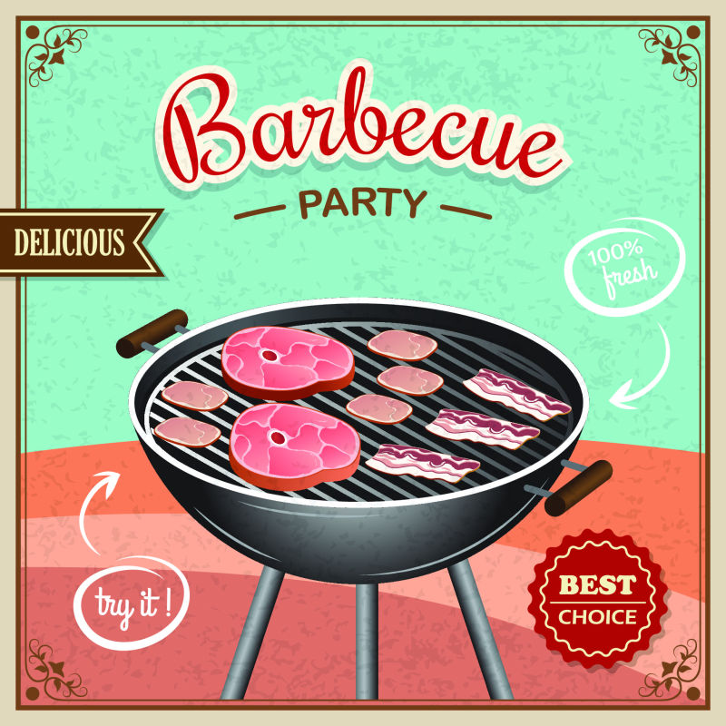 抽象矢量卡通烧烤主题平面海报设计