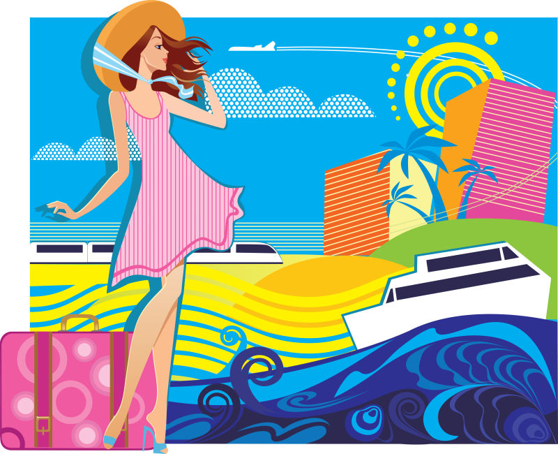 旅游胜地女游客的向量构成