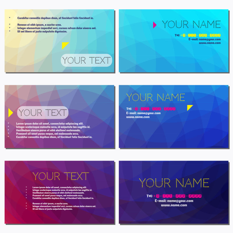 设置六张卧式名片抽象多色多边形矢量背景符合标准尺寸