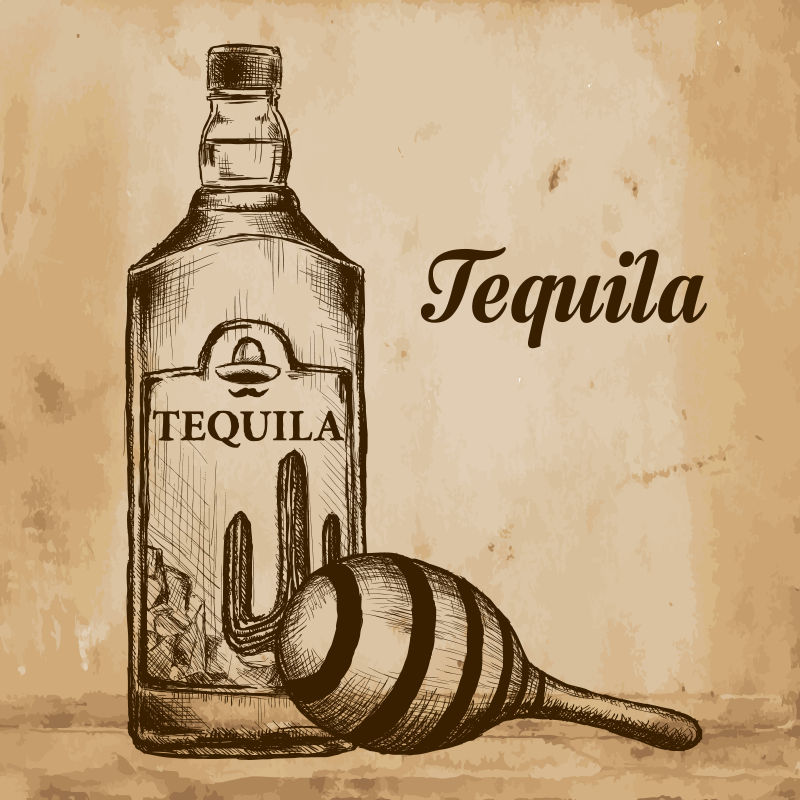 一瓶龙舌兰酒加柠檬和玻璃手工画